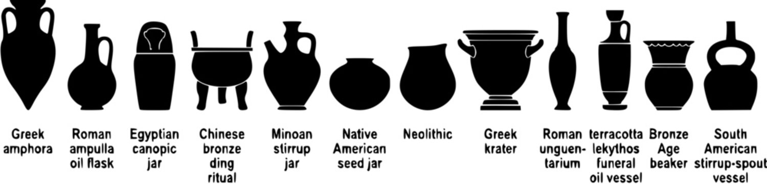 Set of ancient pottery and historical vessel silhouettes including amphora, canopic jar, and ritual tripod ding isolated on white background