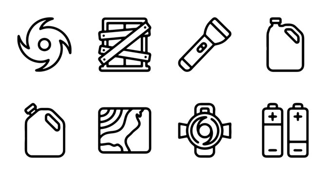 Emergency Preparedness Icons: Hurricane, Supplies, Light, Fuel, Batteries, Wood