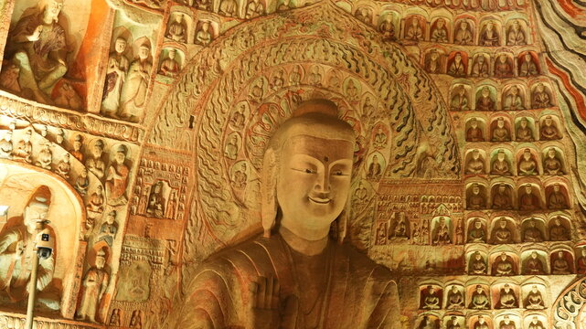 The old big sculptures view carved on the hill near Datong city in China for the buddhism reason
