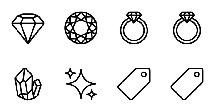 Diamond Icons, Gemstone Rings, Crystal Clusters, Sparkle, Tag Set: Luxury Jewelry & Retail Graphics
