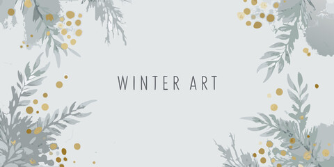 watercolor eucalyptus branches with gold dots and lettering winter art design © Ramendranath