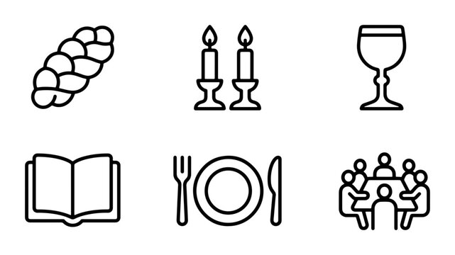Jewish Holiday Icons: Challah, Candles, Kiddush Cup, Torah, Meal Setting, Family Gathering