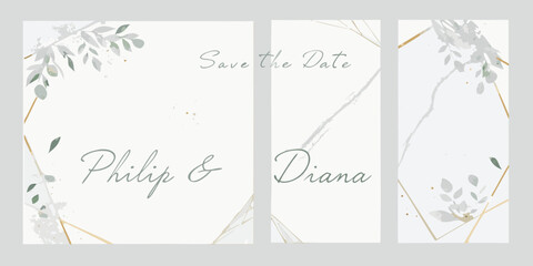 watercolor wedding invitation with gold geometric frame and eucalyptus leaves © Ramendranath