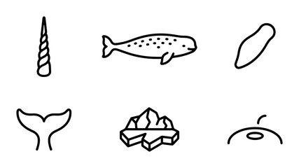 Arctic Ocean Icons: Narwhal, Iceberg, Whale Tail, Sea Creature, Tusk, Vector Set © Tushar