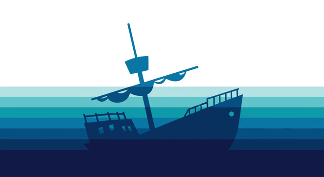 Silhouette of a sinking pirate ship at sea, with stylized waves and a clear sky.