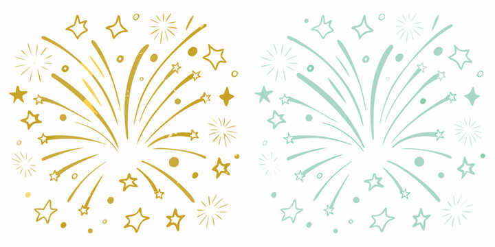 watercolor firework bursts in teal and gold with scattered stars isolated on white