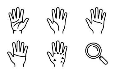 Fototapeta premium Palm Reading Icons Set, Hand Lines and Magnifying Glass Vector Graphics, Fortune Telling Symbols