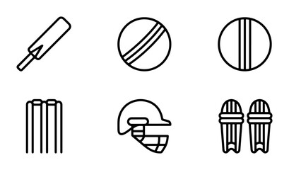 Fototapeta premium Cricket Sports Icons, Vector Set: Bat, Ball, Wicket, Helmet, Pads, Game Equipment