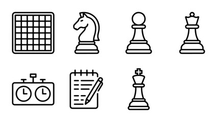 Chess Game Icons Set: Board, Pieces, Timer, Notation - Strategy Game Graphics © Tushar