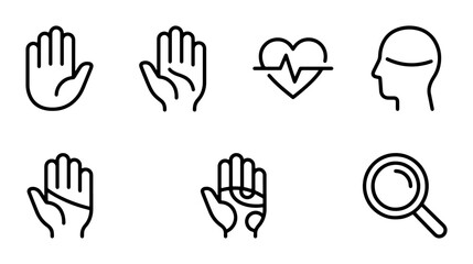 Obraz premium Medical Health Icons Set, Human Hands, Cardiology, Brain, Magnifying Glass, Vector Graphics