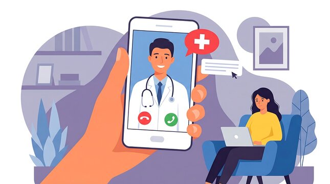 Woman on laptop video calling doctor on smartphone screen medical concept illustration