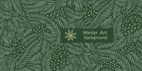 watercolor pine branch pattern with golden berries dark green and gray tones © Ramendranath