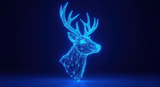 Digital wireframe deer head glowing with blue light illustration