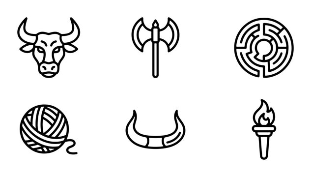 Mythological Icons: Minotaur, Labrys Axe, Labyrinth, Yarn, Horns, Torch, Vector Symbols
