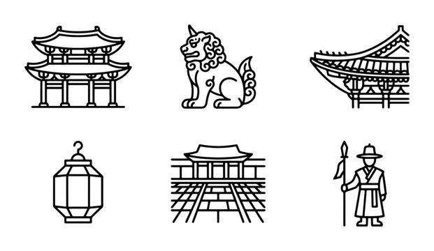 Korean Culture Icons: Traditional Architecture, Guardian Lion, Lantern, Guard