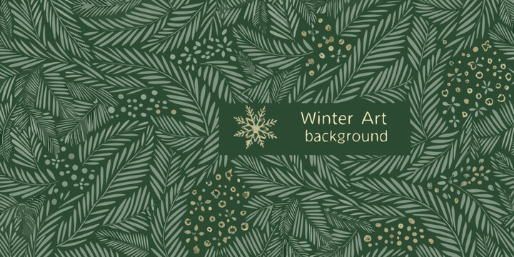 watercolor pine branch pattern with golden berries dark green and gray tones