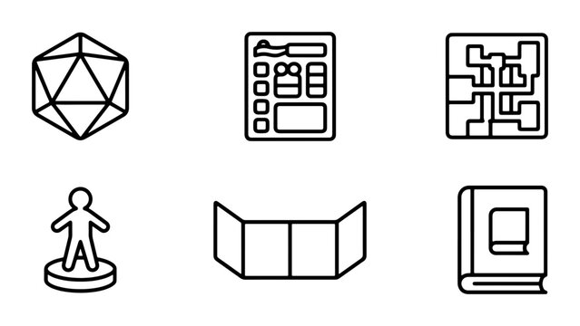 Dungeons and Dragons Icons, Tabletop RPG Elements, Fantasy Game Symbols, Dice, Character, Map, Book