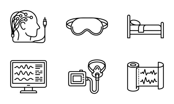 Sleep Study Icons: EEG, Mask, Bed, Monitor, CPAP, EKG Vector Set for Health and Medical Concepts