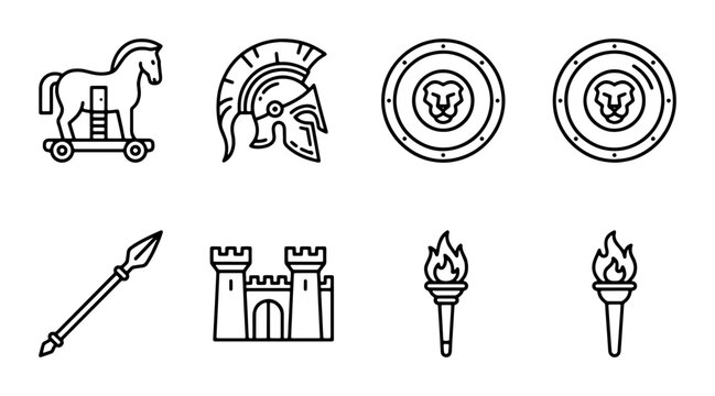 Ancient Greek Icons: Trojan Horse, Helmet, Shields, Spear, Castle, Torches Vector Set