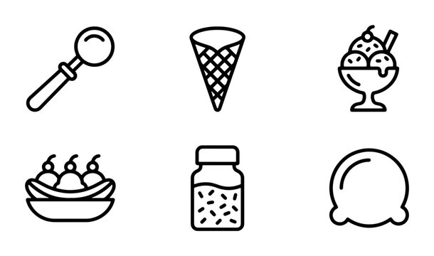 Ice Cream Icons, Dessert Vector Set: Scoop, Cone, Sundae, Banana Split, Sprinkles, Scoop