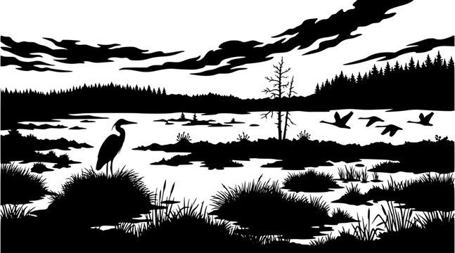 Silhouette landscape of a marshland with a standing heron and flying geese against a cloudy sky