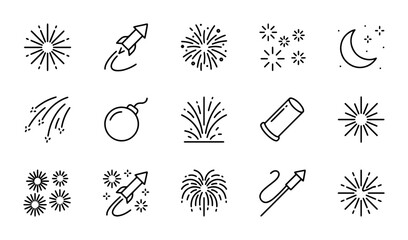 Fireworks Icons Set, Celebration Rockets and Explosions, Festive Night Sky Graphics © MdRabiul