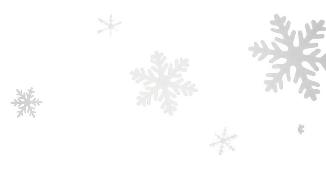 White snowflake of varying sizes scattered across a solid black background, creating a simple winter or christmas themed pattern