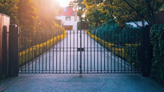 Gated driveway with wrought iron fence at sunset