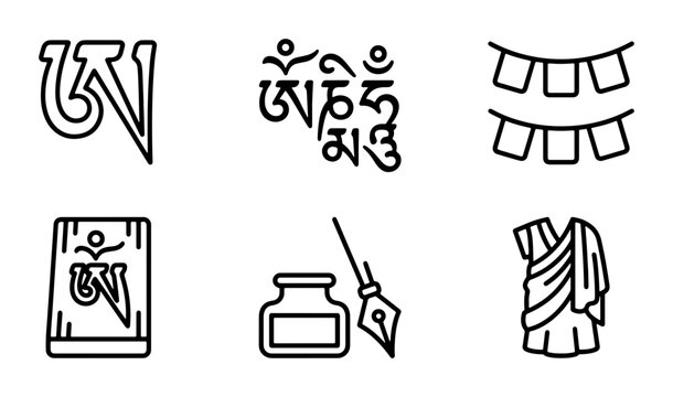 Tibetan Buddhist Symbols, Prayer Flags, Monk Robe, Inkwell Icons Set: Spiritual Culture, Religion