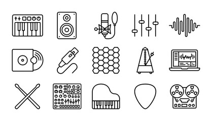 Music Production Icons Set, Audio Recording Equipment Vector Graphics, Sound Studio Elements Collection © Md