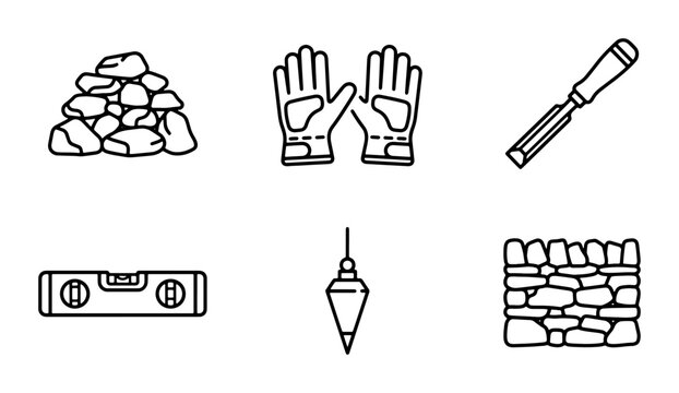 Stone Masonry Tools and Materials Icons, Construction and Building Elements Set