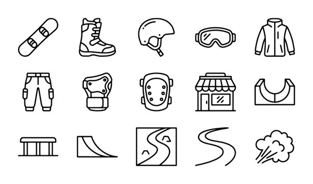 Winter Sports Icons: Snowboard, Boots, Helmet, Goggles, Jacket, Pants, Gear, Ramps, Snowboard Park Elements