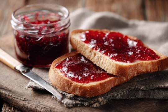 Fresh Fruit Spread on Toast with Jar and Knife on Rustic Wood Surface