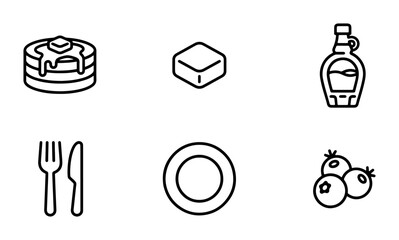 Fototapeta premium Breakfast Icons: Pancakes, Butter, Maple Syrup, Cutlery, Plate, Berries, Vector Set