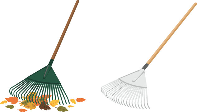 Garden Rake Vector Icon Set with Autumn Leaves and Wooden Handles for Yard Cleaning, Landscaping Services, Lawn Care, and Fall Gardening Designs