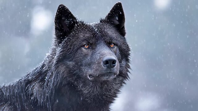 Powerful black wolf howling in winter snow close up portrait. Animated cinemagraph, parallax animation, based on an original photograph.