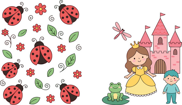 Cute cartoon fairytale vector illustration bundle featuring red ladybug garden pattern next to elegant princess pink castle frog prince and dragonfly isolated on white background