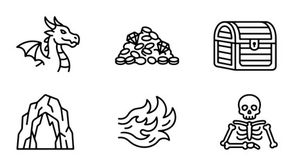 Fantasy Game Icons: Dragon, Treasure, Chest, Cave, Fire, Skeleton Vector Set © Md