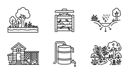 Sustainable Gardening Icons: Composting, Rainwater Harvesting, Chicken Coop, Orchard © Sharmin