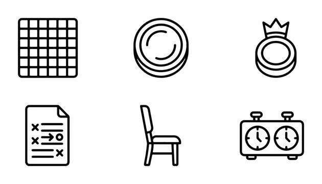 Chess Game Icons Set: Board, Pieces, Timer, Strategy Sheet, Chair, Crown Medal