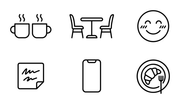 Cafe Icons Set: Coffee Cups, Table, Chair, Smiley Face, Note, Phone, Croissant, Vector Graphics