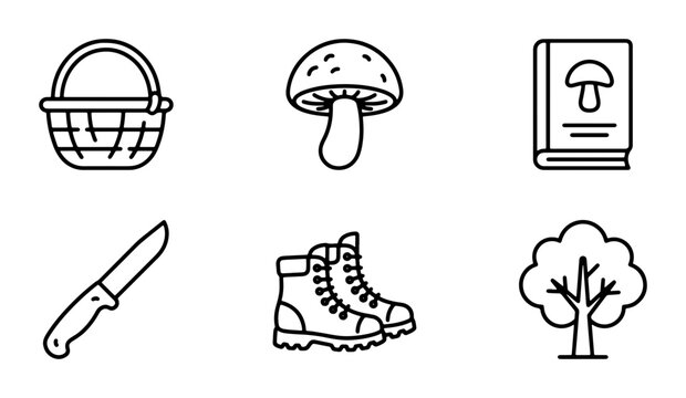 Mushroom Foraging Icons: Basket, Book, Boots, Knife, Tree, Fungi Set