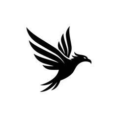 Fototapeta premium Black silhouette of a stylized bird with spread wings, detailed feathers, and curved tail