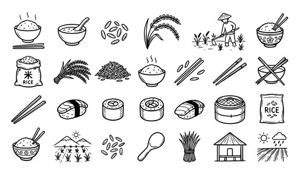 Asian Food and Rice Cuisine Icon Collection with Chopsticks Vector Illustration