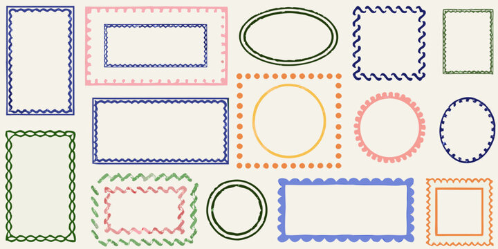assorted pastel colored frames including rectangles and ovals hand drawn style
