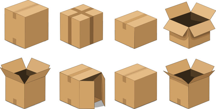 Isometric Cardboard Box Icon Set Featuring Open and Closed Packing Cartons, Sealed Delivery Packages, and Shipping Containers Vector Illustrations