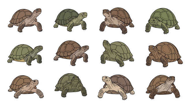 Set of cute cartoon turtles in various poses