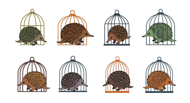 Set of Cute Echidnas in Decorative Birdcages