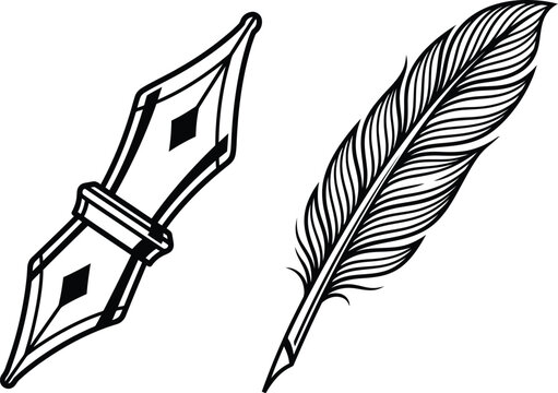 Dip pen nib and feather quill black and white vector illustration