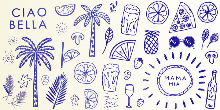 blue ink illustrations of palm trees citrus fruits pizza and wine on a beige background